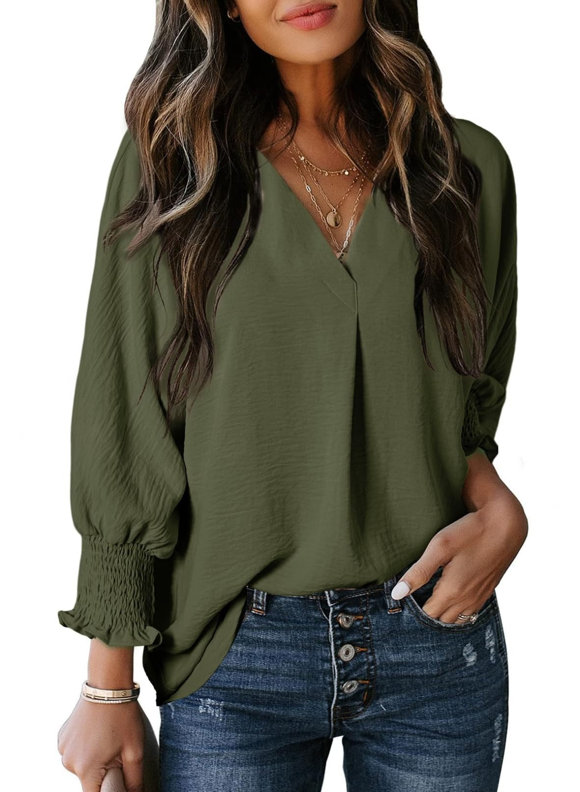 Women's Casual 3/4 Sleeves V-Neck Loose Basic T-Shirt
