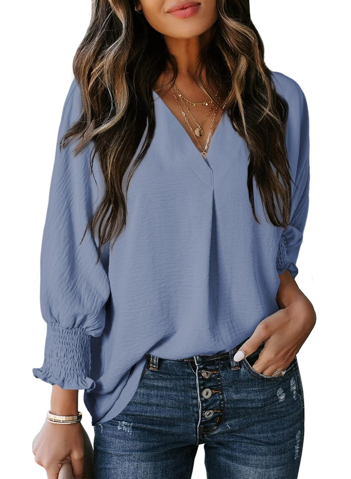Women's Casual 3/4 Sleeves V-Neck Loose Basic T-Shirt
