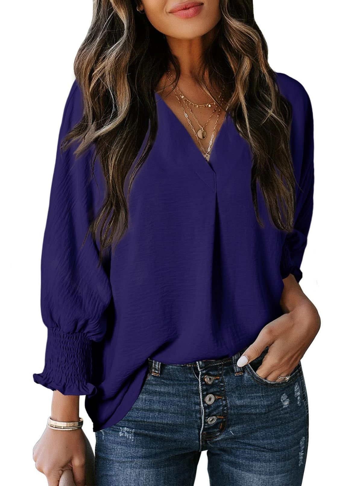 Women's Casual 3/4 Sleeves V-Neck Loose Basic T-Shirt