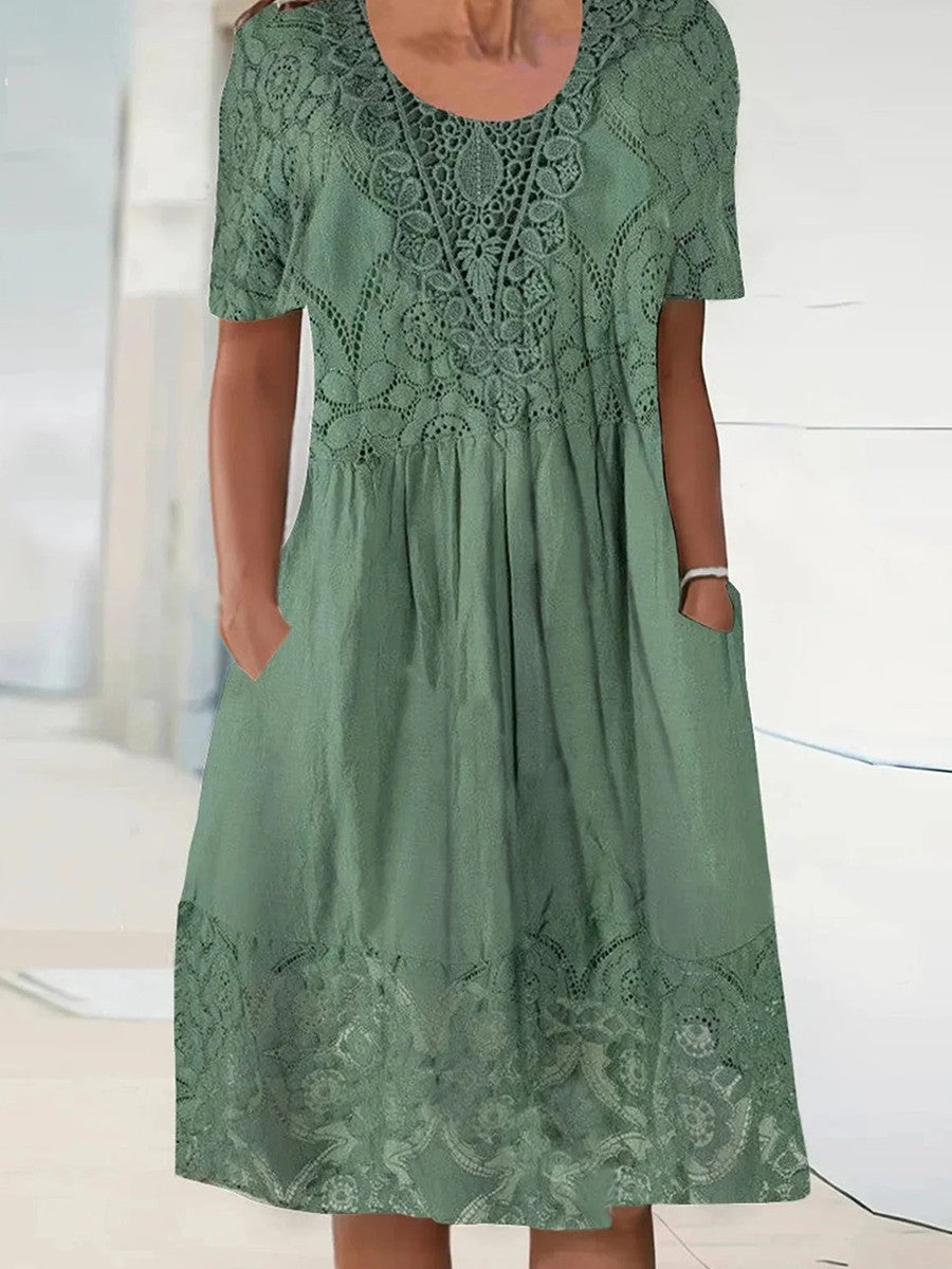Graceful Short Sleeves Lace Pockets Green Dress
