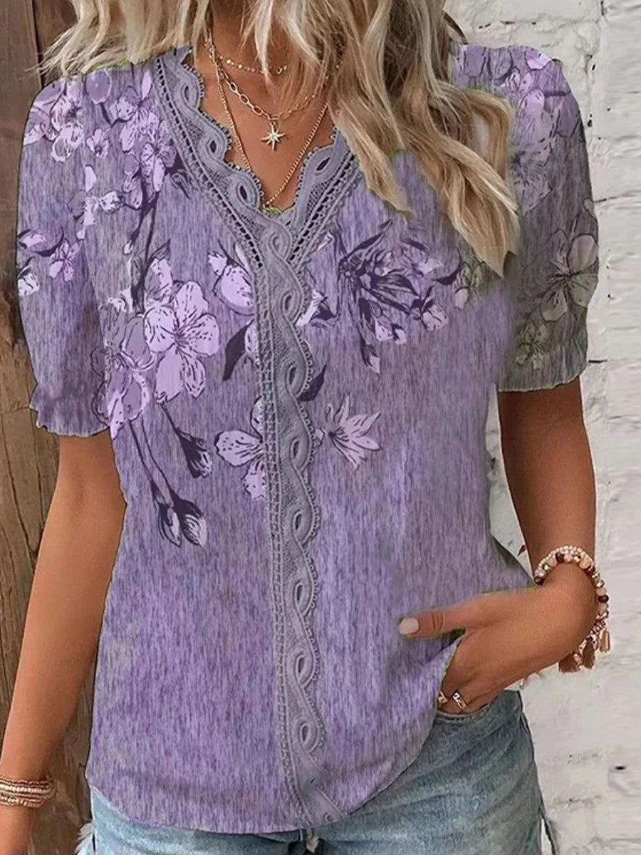 Women's Casual V-Neck Printed Lace Stitch Short-Sleeve Top