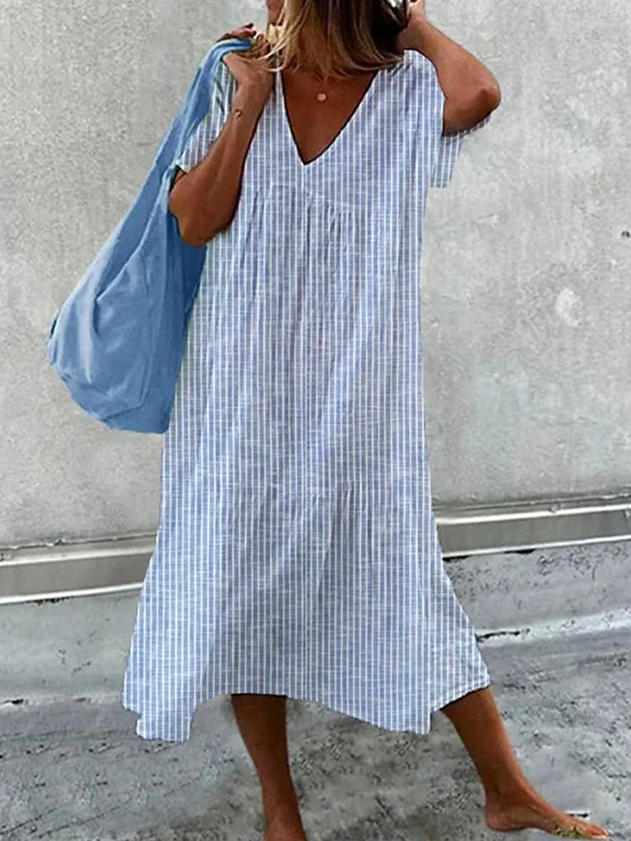 Youthful Striped V-Neck Midi Dress