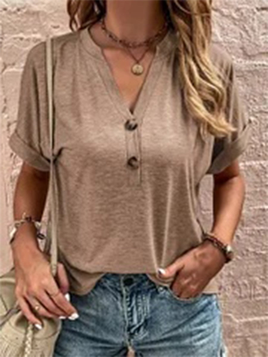 Women's Short Sleeve V-Neck Button Casual Solid Color Top
