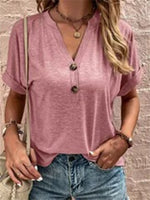 Women's Short Sleeve V-Neck Button Casual Solid Color Top