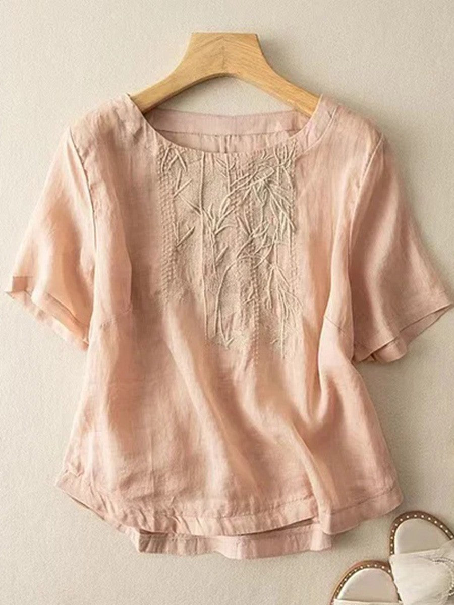 Art Retro Embroidery Short Sleeve Patchwork Shirt