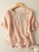 Art Retro Embroidery Short Sleeve Patchwork Shirt