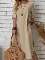 Khaki Solid Round Neck Midi Dress with Short Sleeves