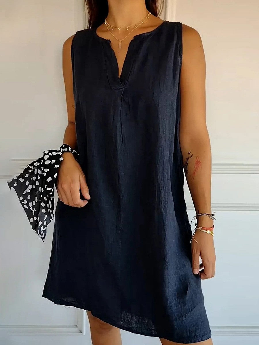 Solid Cotton and Linen V-neck Sundress
