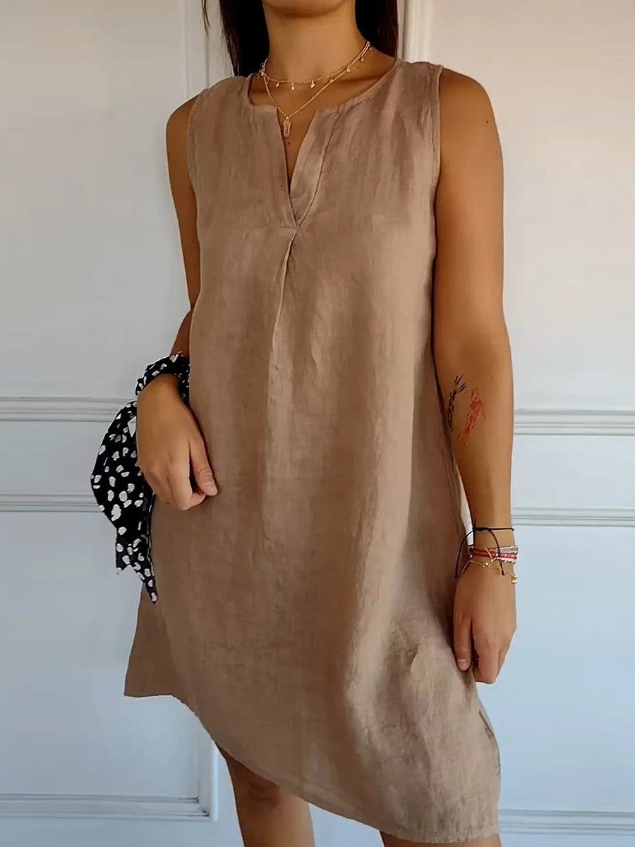 Solid Cotton and Linen V-neck Sundress