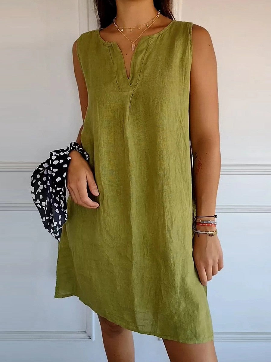 Solid Cotton and Linen V-neck Sundress