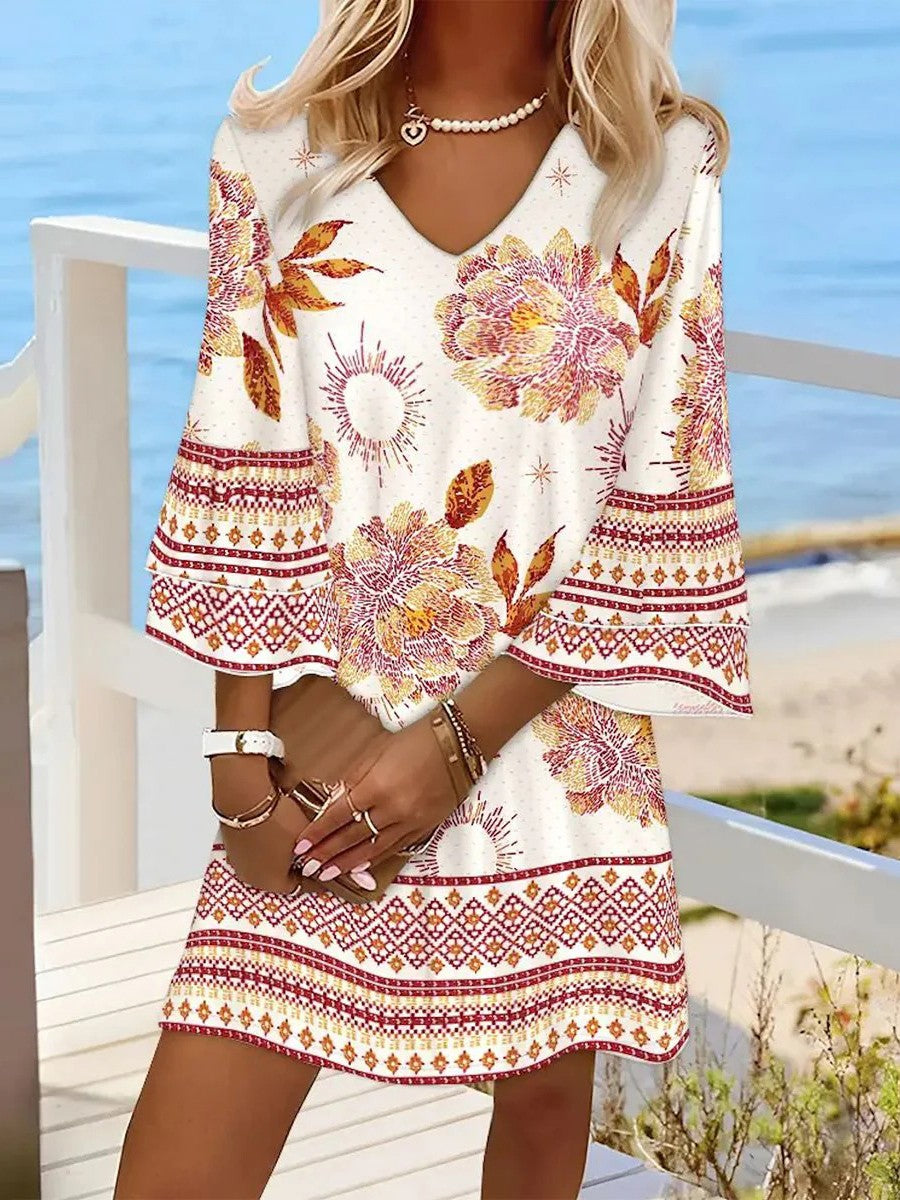Floral V-neck Long Sleeve Casual Mini Dress