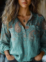 Vintage Ethnic Print Lapel Neck Long Sleeve Blouse