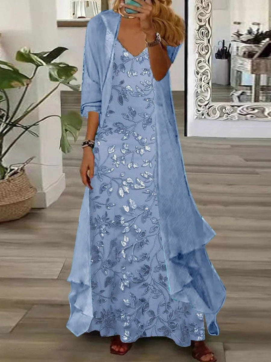 Long Sleeve V-Neck Floral Maxi Dress Set