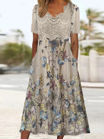 Short Sleeve V-Neck Graphic Lace Stitching Midi Dress