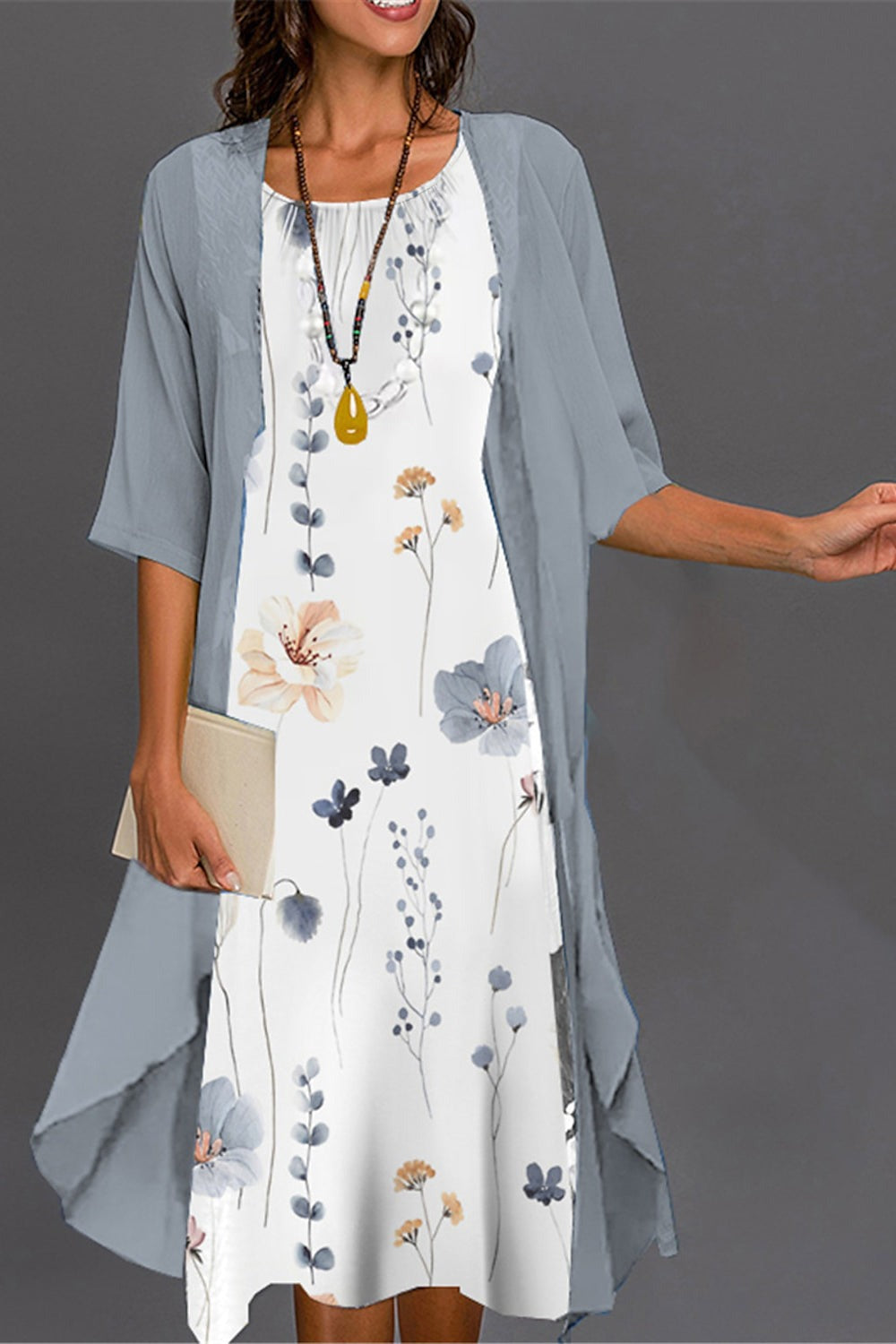 Floral Crew Neck Half Sleeve Two Piece Midi Dress