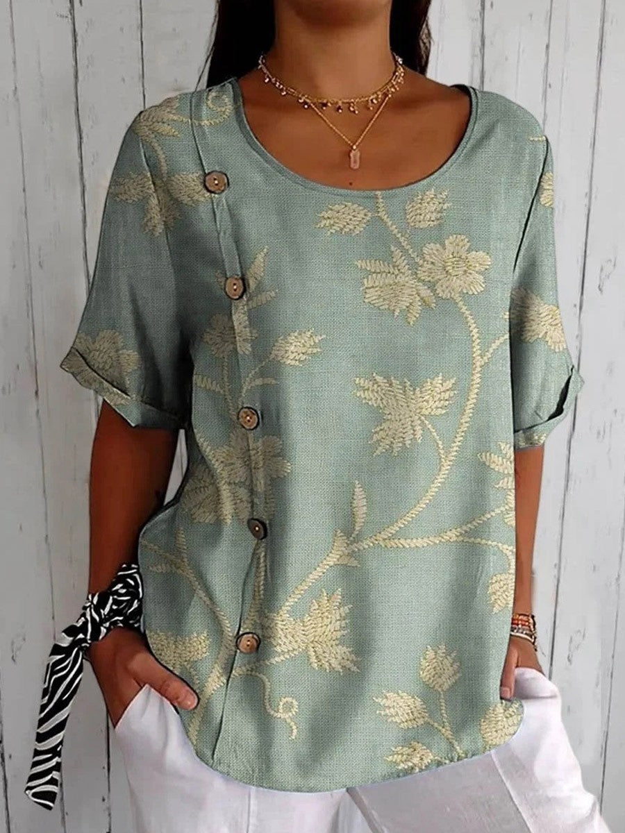 Women'S Retro Floral Print Casual Cotton Shirt