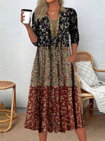 Long Sleeved Round Neck Floral Pattern Print Mid Length Dress
