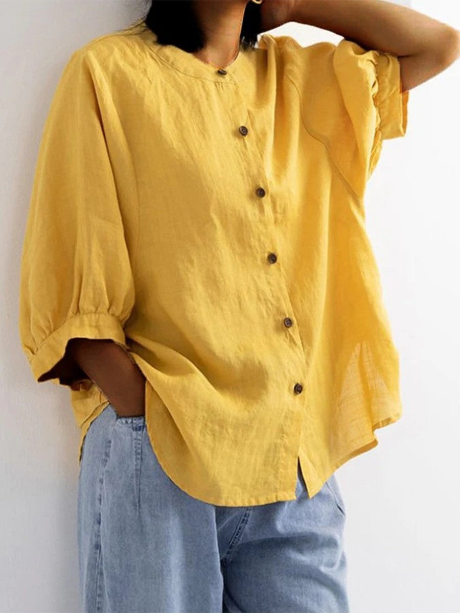 Retro Lantern Sleeve Cotton And Linen Loose Shirt
