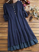 Solid Color Round Neck 3/4 Sleeves Blue Dress