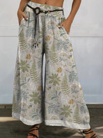 Floral Printed Cotton Linen Wide-Leg Casual Pants