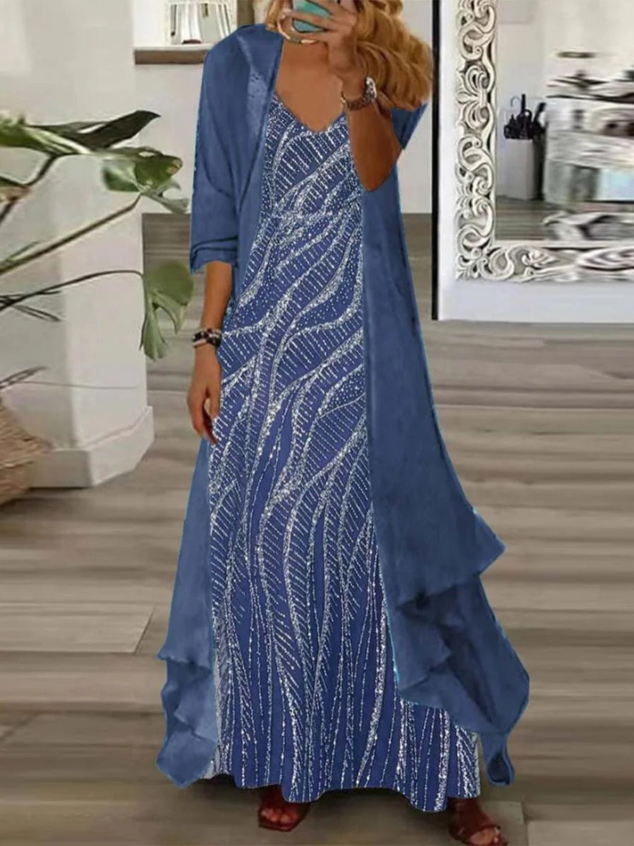 Blue V-neck 3/4 Sleeves Comfy Maxi Dress