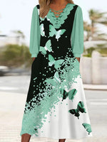 Graphic Printed Lace Long Sleeve V-neck Stitching Midi Dress