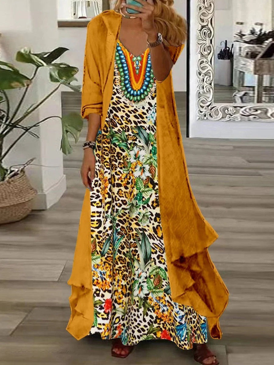 Graphic Printed Long Sleeve V-neck Two Pieces Maxi Dress