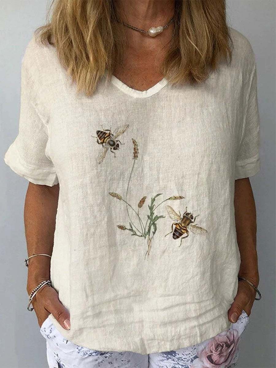 Bees Print V-neck Short Sleeve Beige Casual Top