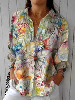 Flower Print Lapel Long Sleeve Loose Shirt