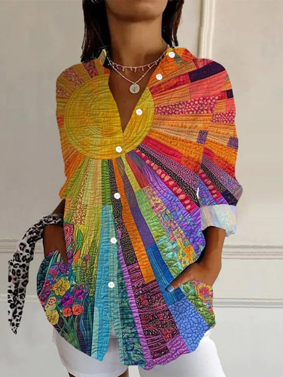 Colorful Lapel Long Sleeves Comfy Blouse