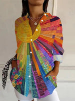 Colorful Lapel Long Sleeves Comfy Blouse