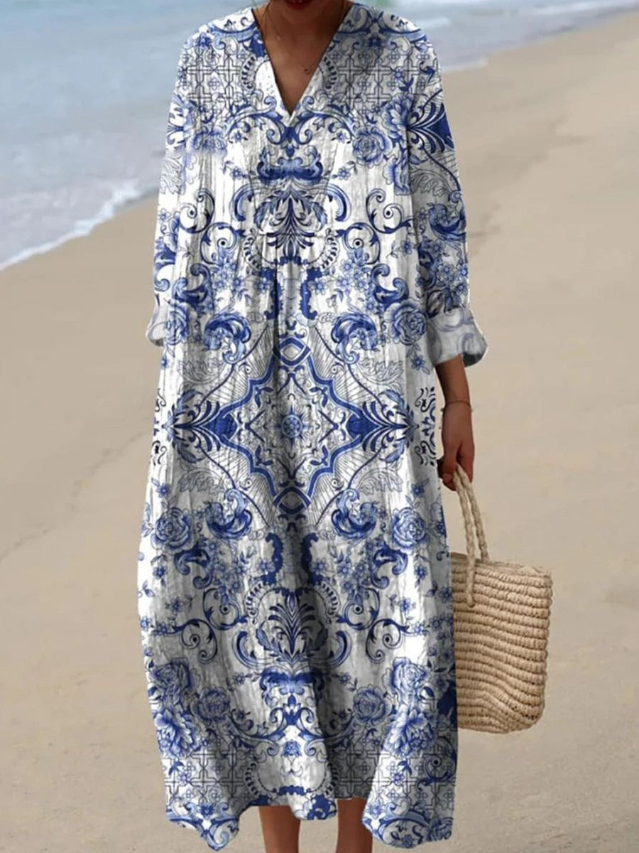 Breezy Blue V-neck Long Sleeves Maxi Dress
