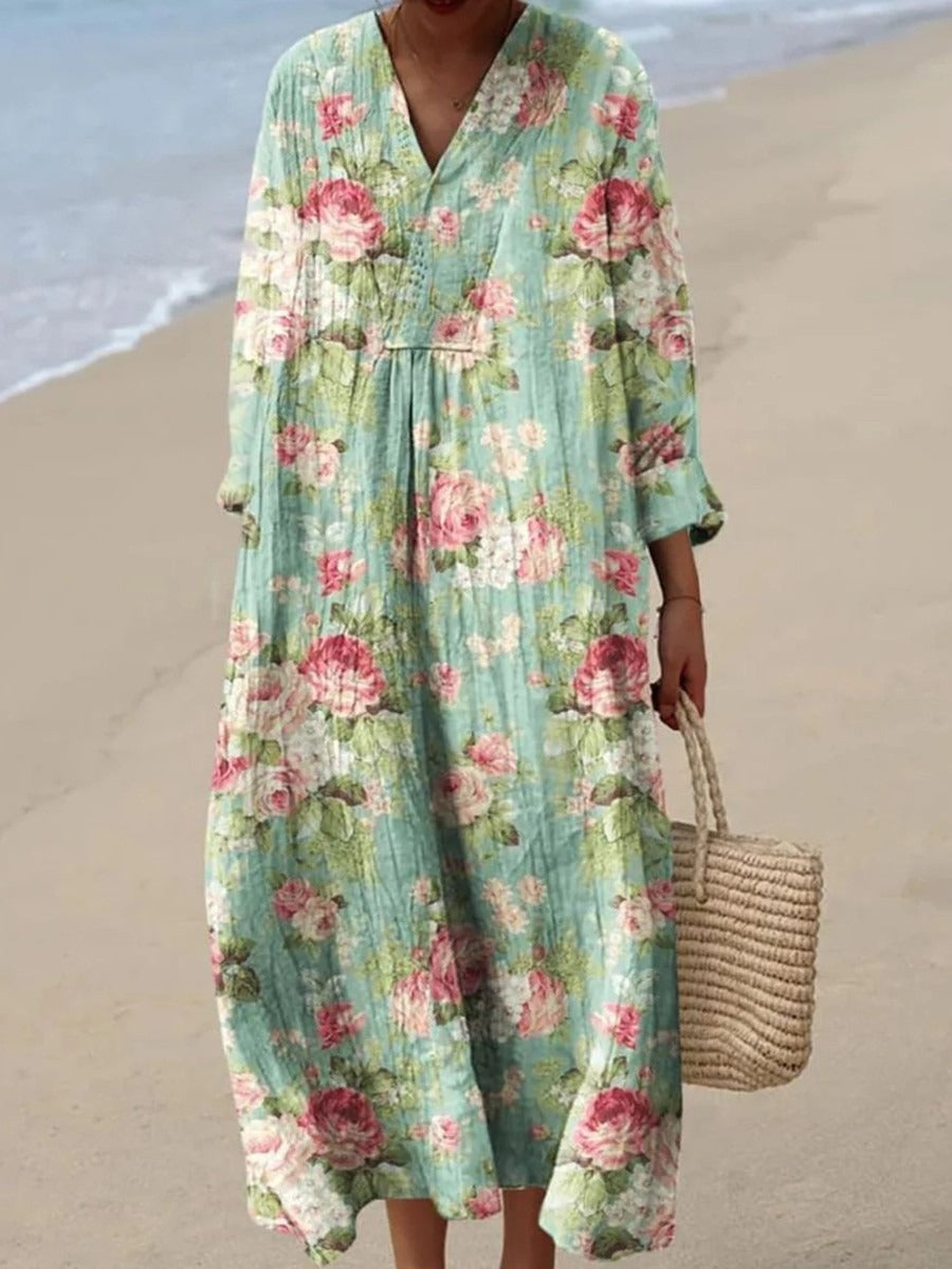 Floral V-neck Long Sleeves Maxi Dress