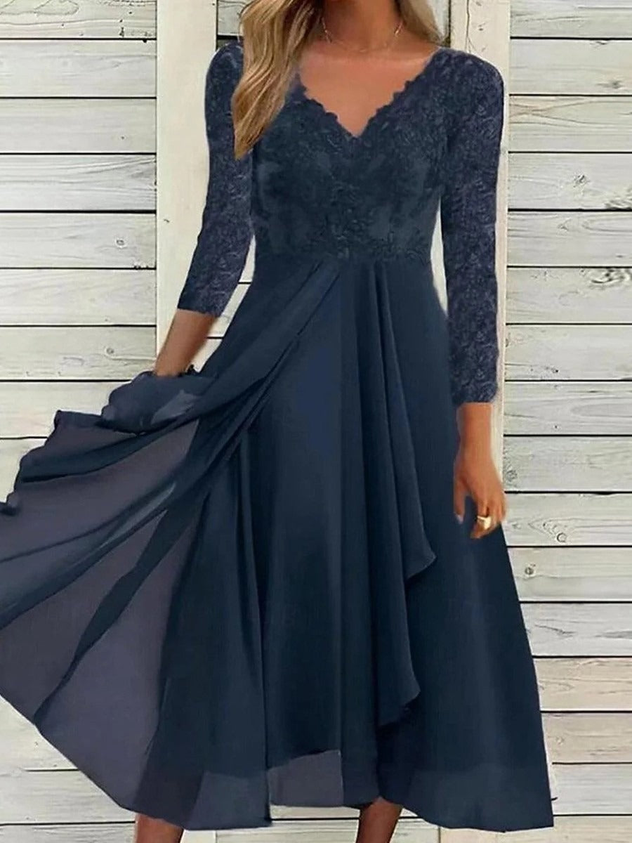 Solid V-neck Long Sleeves Comfy Midi Dress