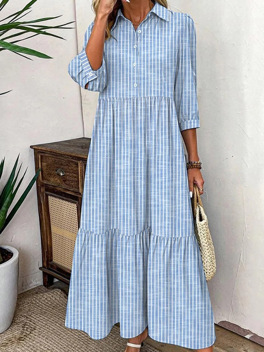 Striped Lapel 3/4 Sleeves Casual Maxi Dress
