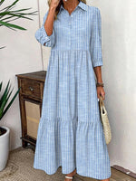 Striped Lapel 3/4 Sleeves Casual Maxi Dress