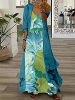 Graphic V-neck Long Sleeves Two Pieces Maxi Dress