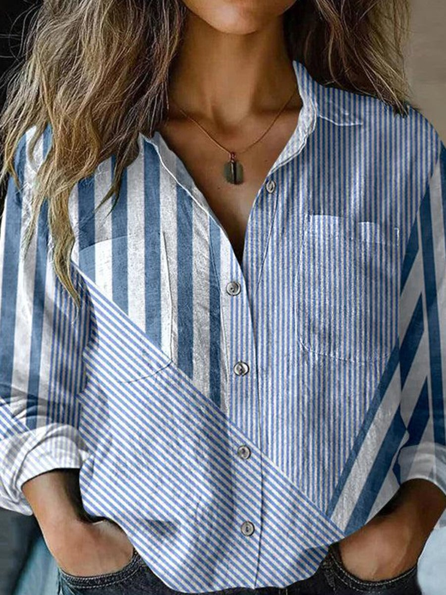 Asymmetric Blue-and-White Striped Button-Up Shirt