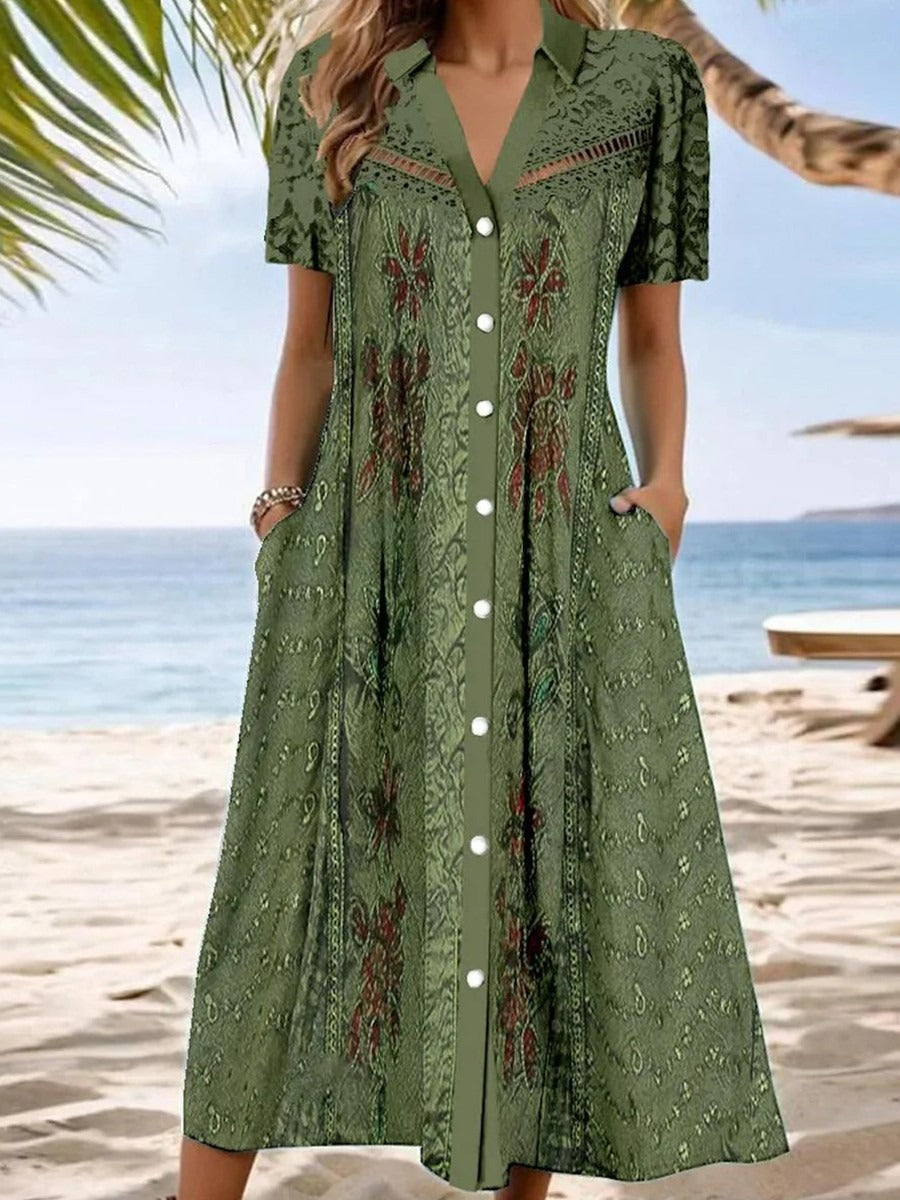 Floral Print Green Lace Button-Down Midi Dress