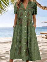 Floral Print Green Lace Button-Down Midi Dress