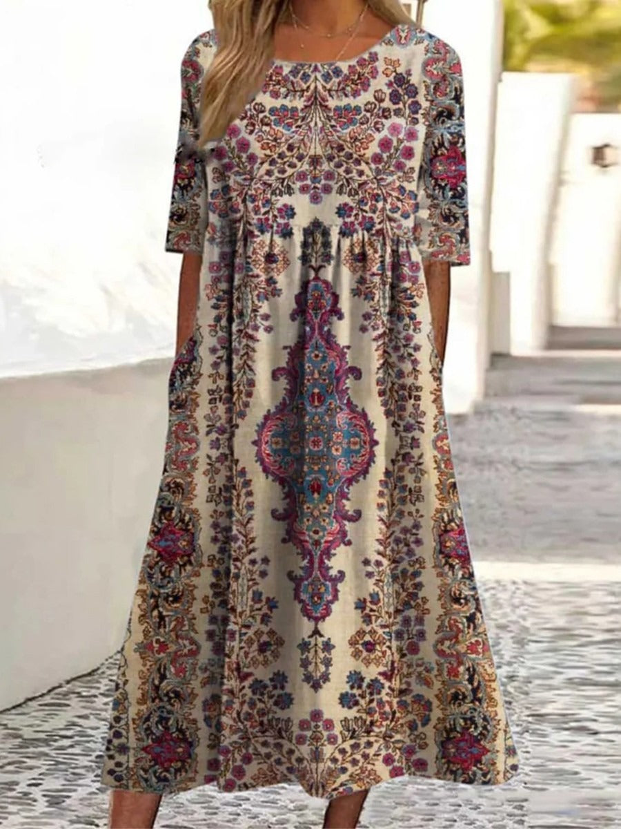 Ethnic Floral Print Long Casual Style Dress
