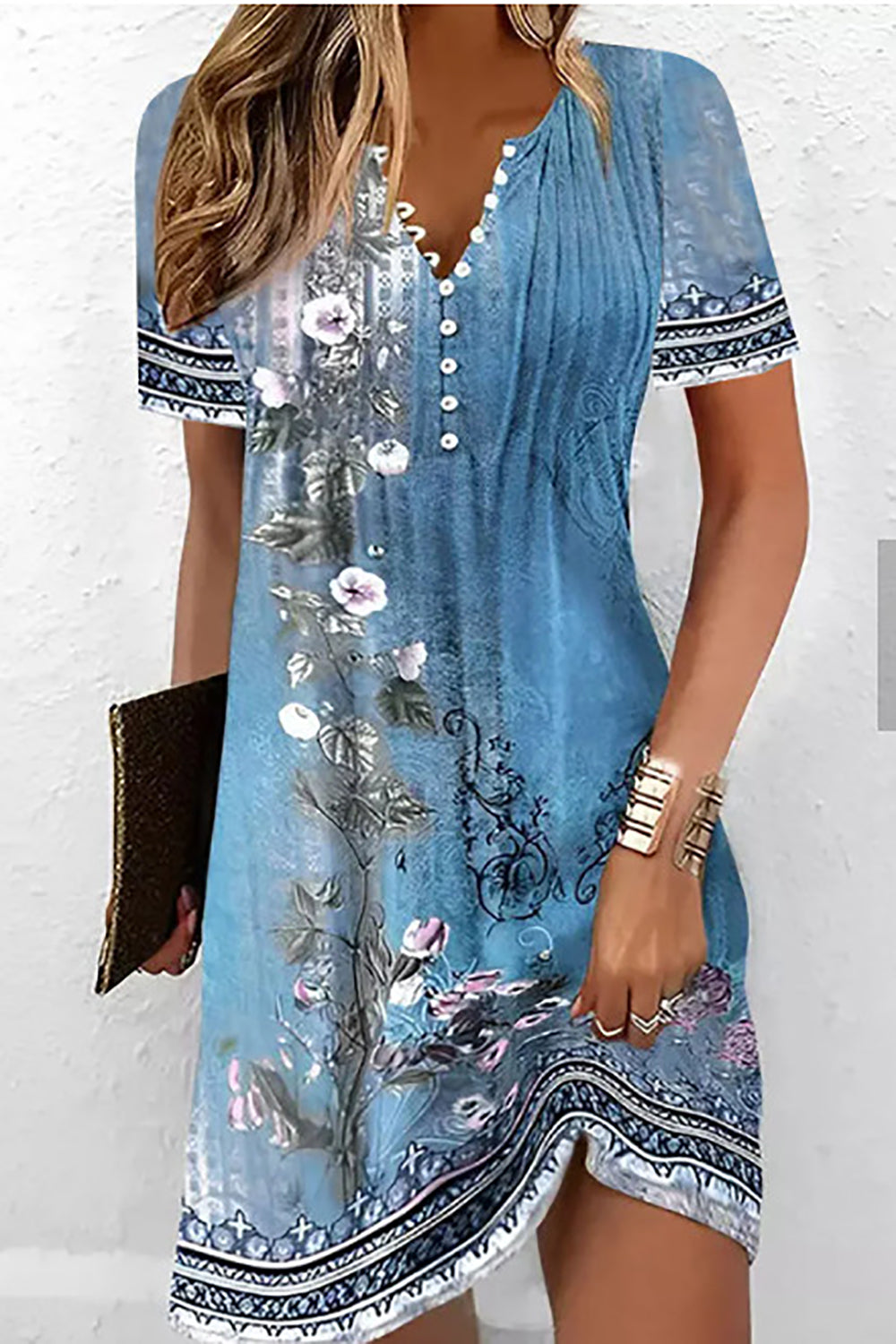 Blue short-sleeved printed dress