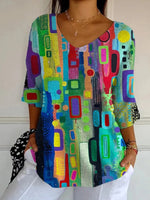 Abstract art style V-neck 3/4 Sleeve Tops