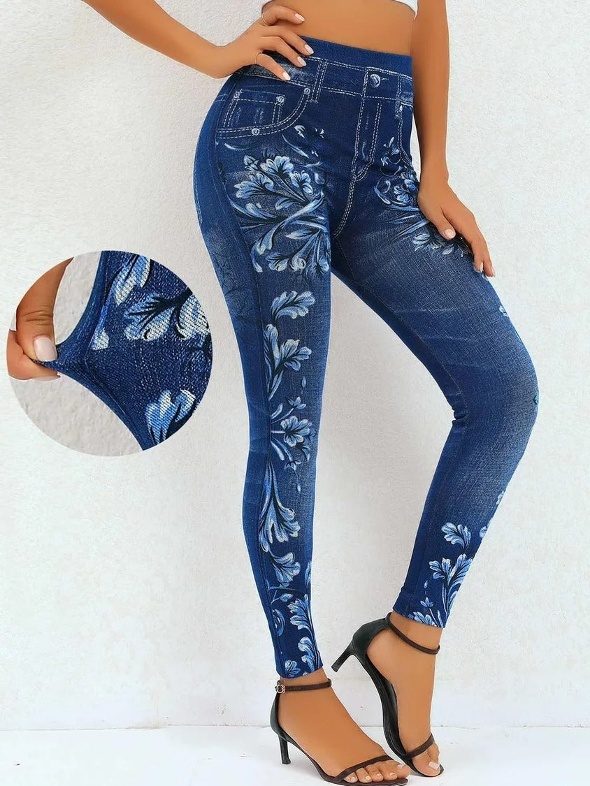 Floral Print Navy High Waisted Elastic Waist Leggings