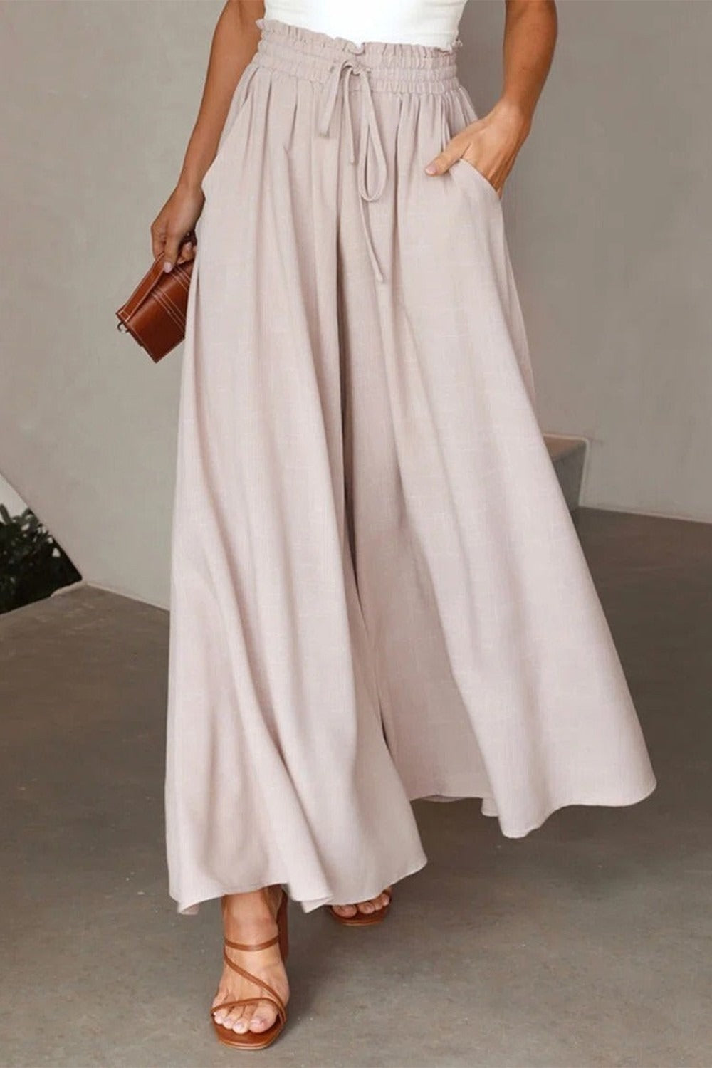 Loose Plain Casual Flare Leg Drawstring Pants