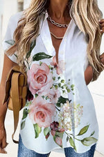 Loose Buttoned Collared Floral Vacation Short Sleeves Blouse