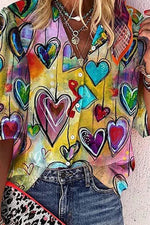 Valentine's Day Love Pattern Casual Loosen Cartoon Print Half Sleeves Blouse