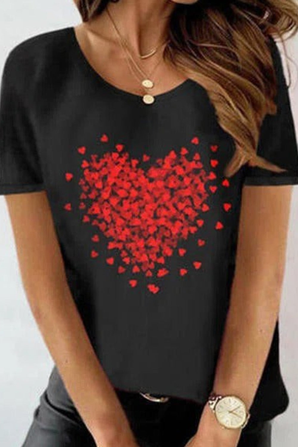 Round Neck Heart Print Casual T-Shirt/Tee