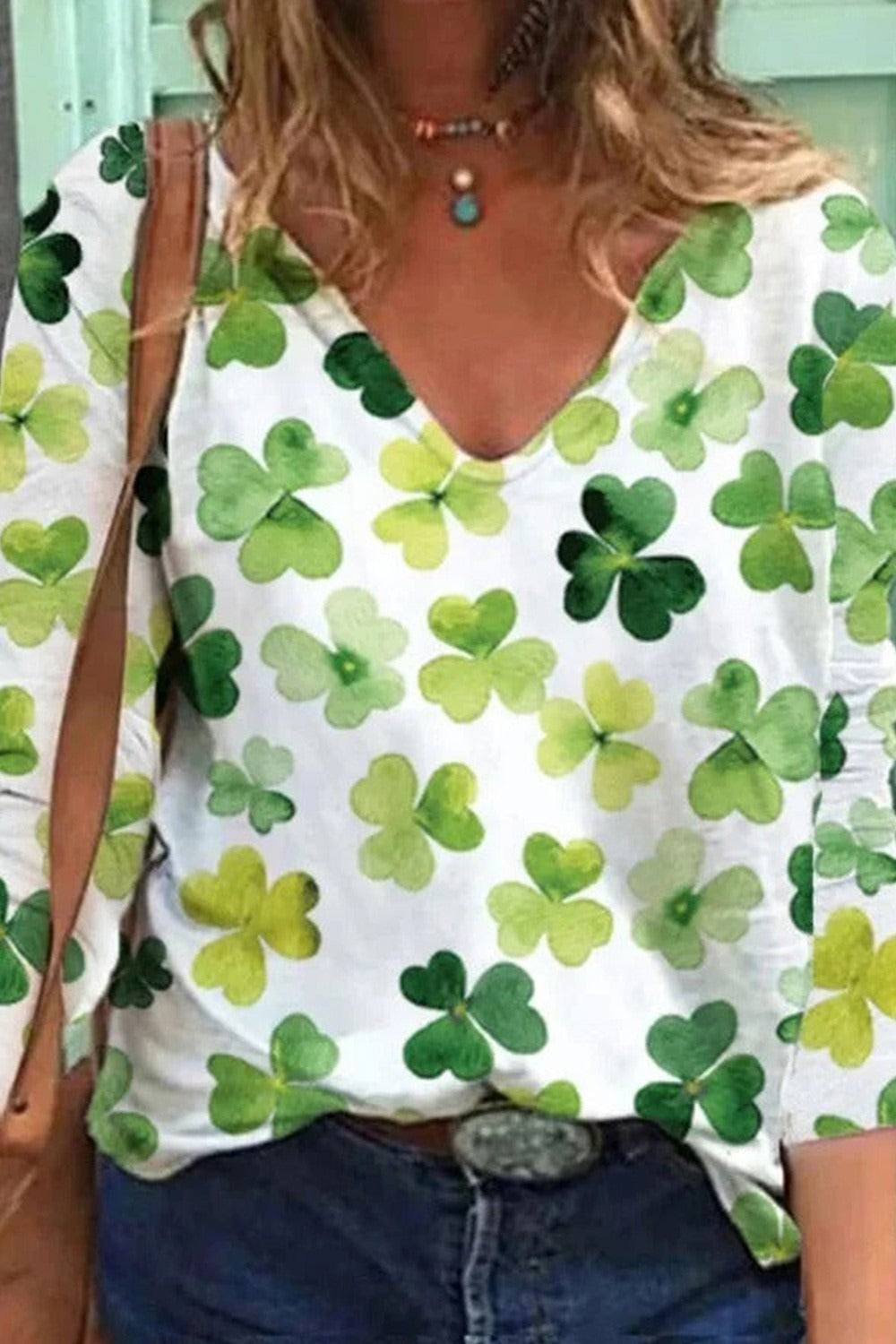 St. Patrick's Day four-leaf clover Spring V neck Natural Micro-Elasticity Long sleeve Regular H-Line Casual T-shirt