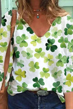 St. Patrick's Day four-leaf clover Spring V neck Natural Micro-Elasticity Long sleeve Regular H-Line Casual T-shirt